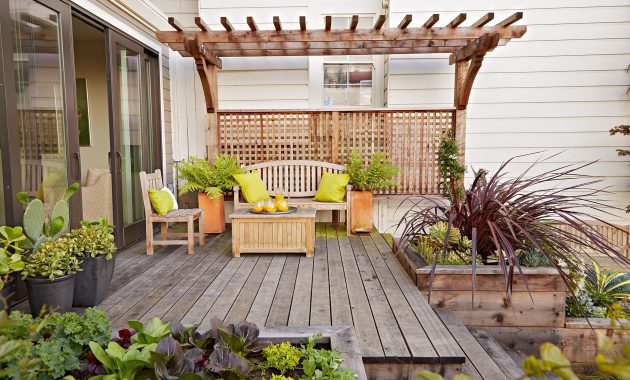 Home garden design inspiration with wooden deck