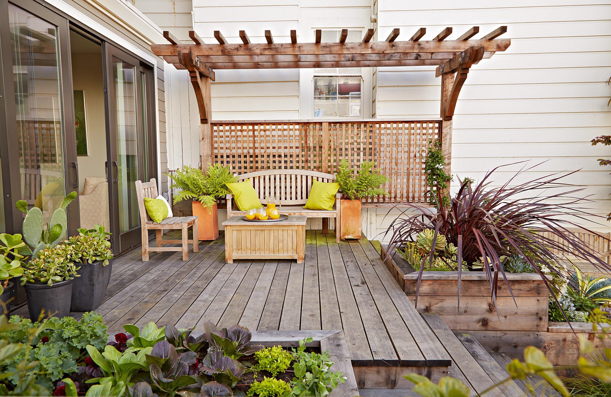 Home garden design inspiration with wooden deck