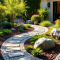 Minimalist front yard garden design with stepping stones.