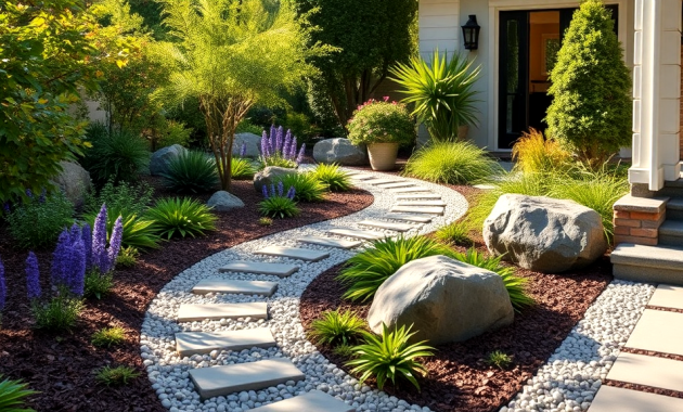 Minimalist front yard garden design with stepping stones.