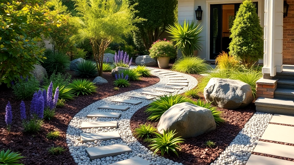 Minimalist front yard garden design with stepping stones.